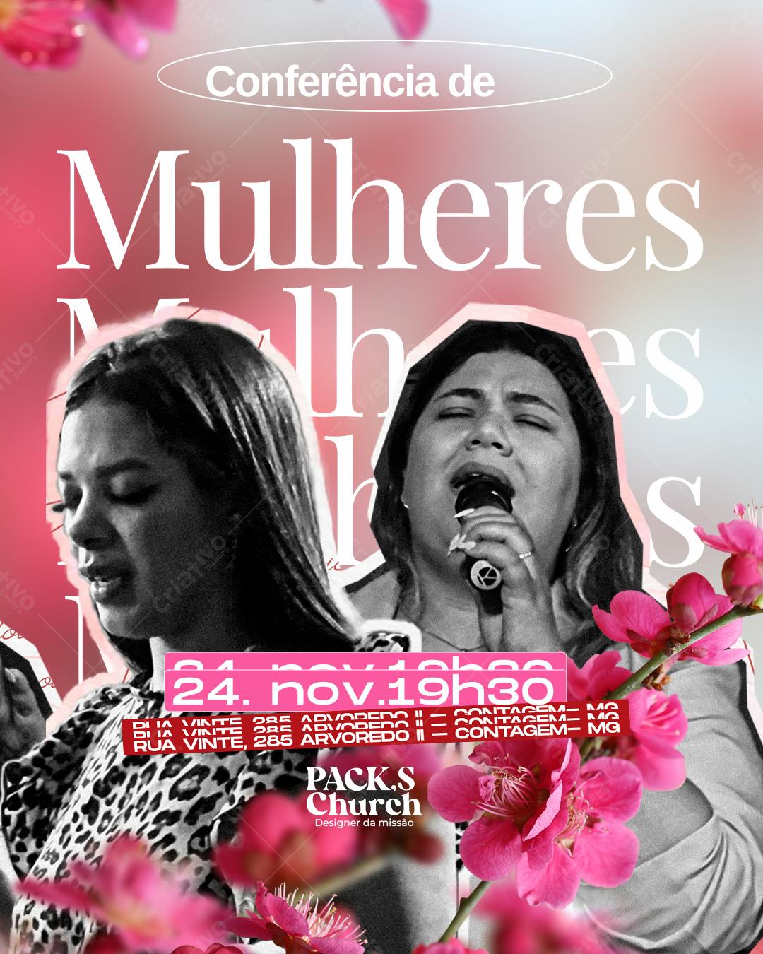 Convite Conferência Mulheres Rosa e Preto Editável no Canva