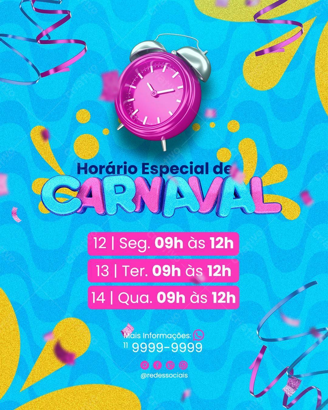 Flyer para Horário Especial de Carnaval PSD Editável