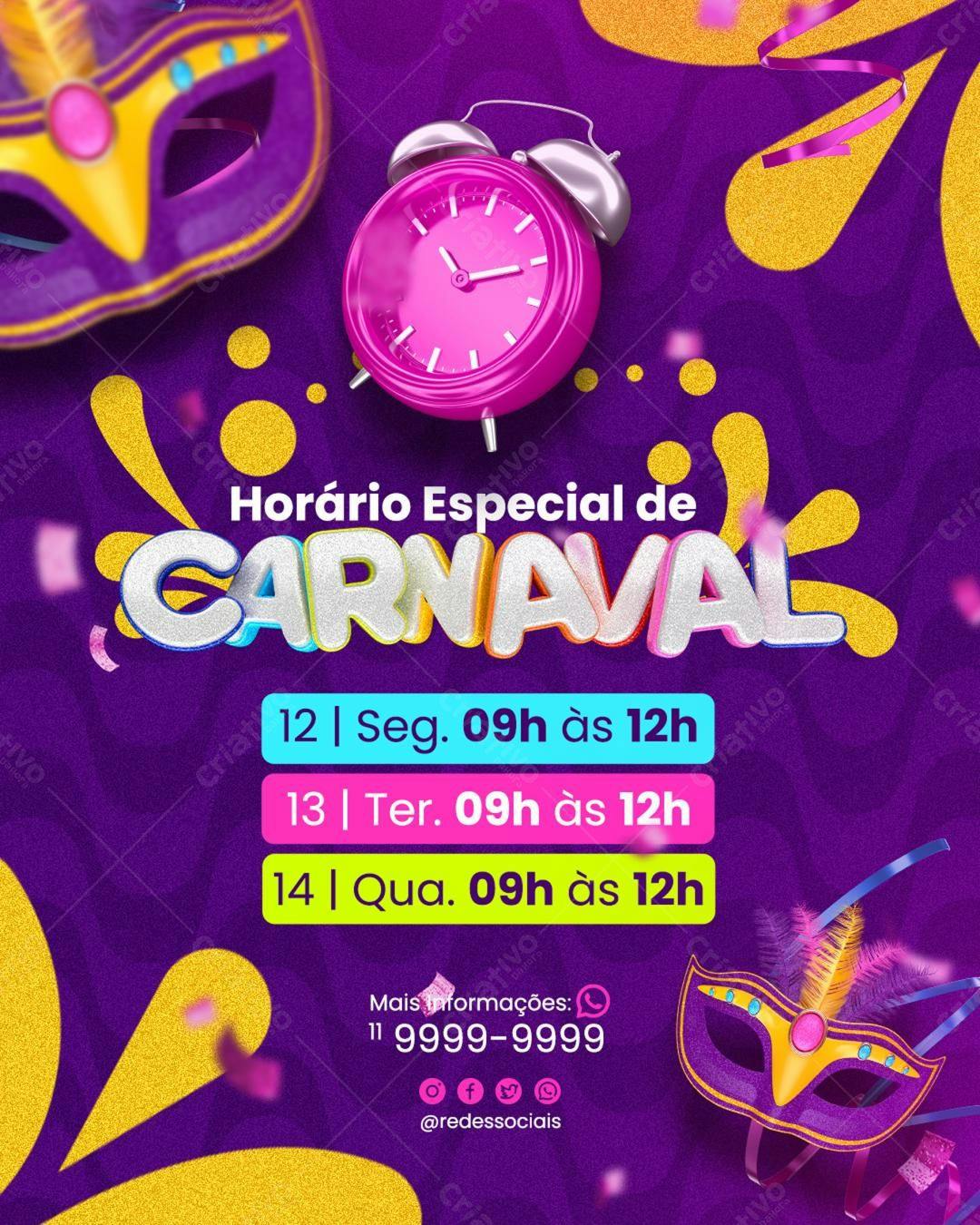 Flyer para Horário Especial de Carnaval PSD Editável
