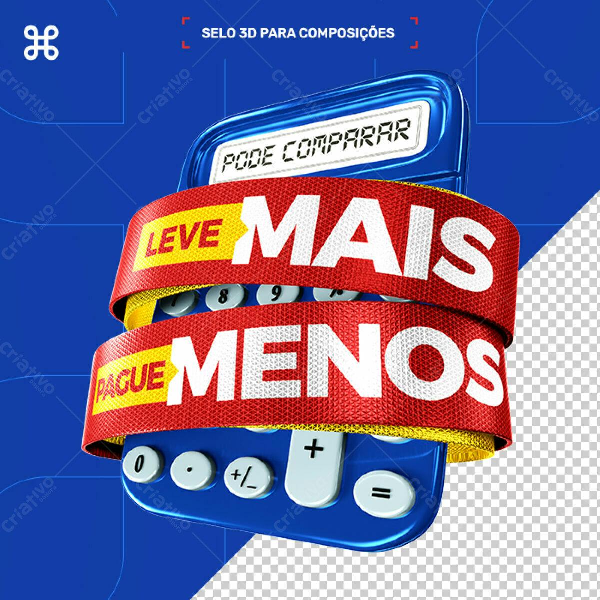 Selo 3D promocional vermelho e azul com calculadora