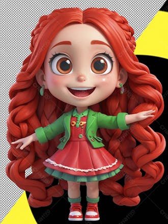 Menina infantil personagem 3d png , ruiva, cabelos longos, vestido vermelho, blusa verde