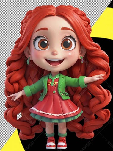 Menina infantil personagem 3d png , ruiva, cabelos longos, vestido vermelho, blusa verde