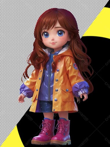 Menina infantil personagem 3d png , capa de chuva, botas, cabelos longos, pixar, disney