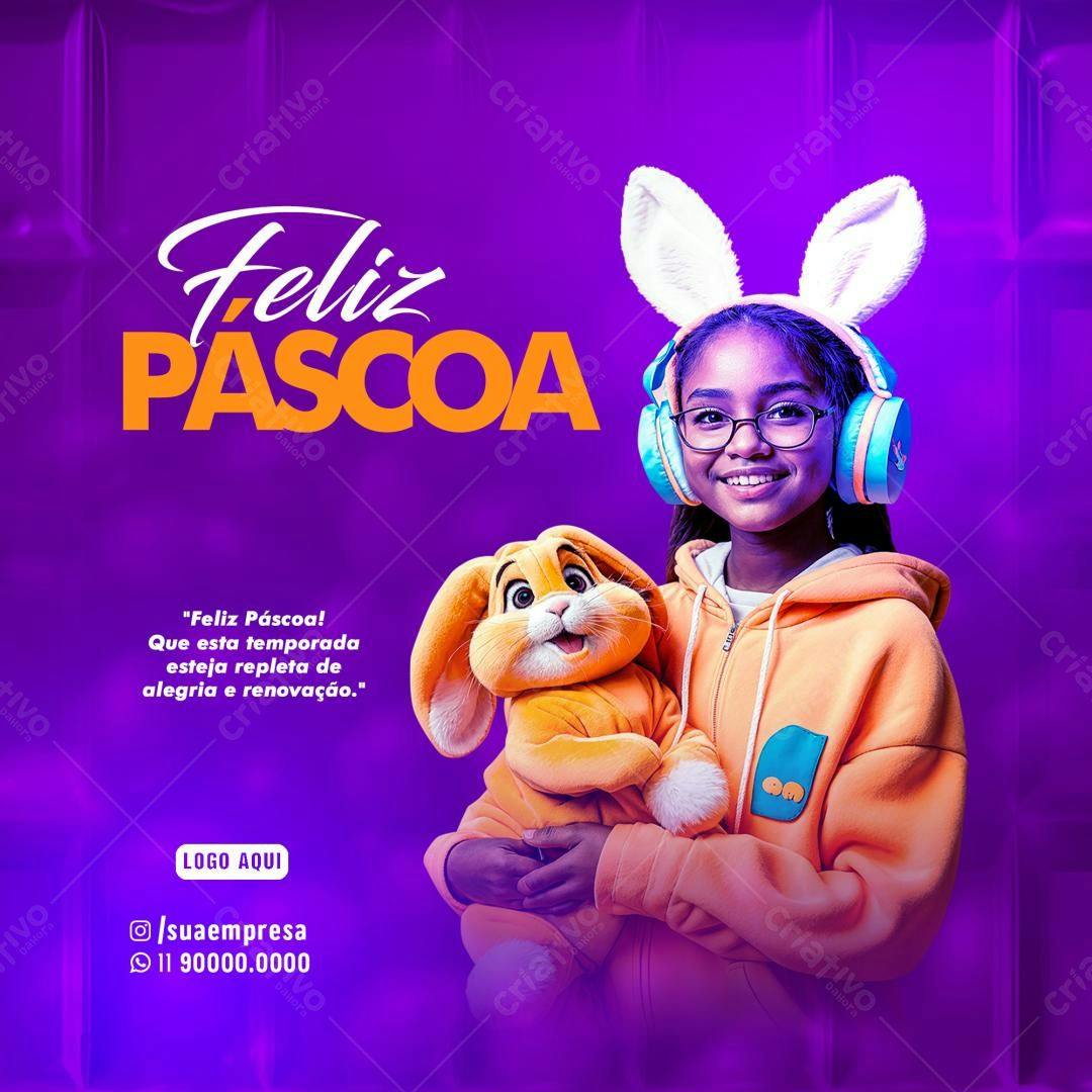 Postagem Páscoa com Menina e Coelho PSD Editável