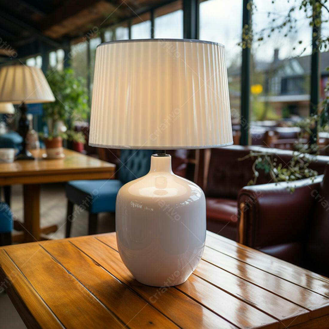 Abajur branco em mesa de madeira em café