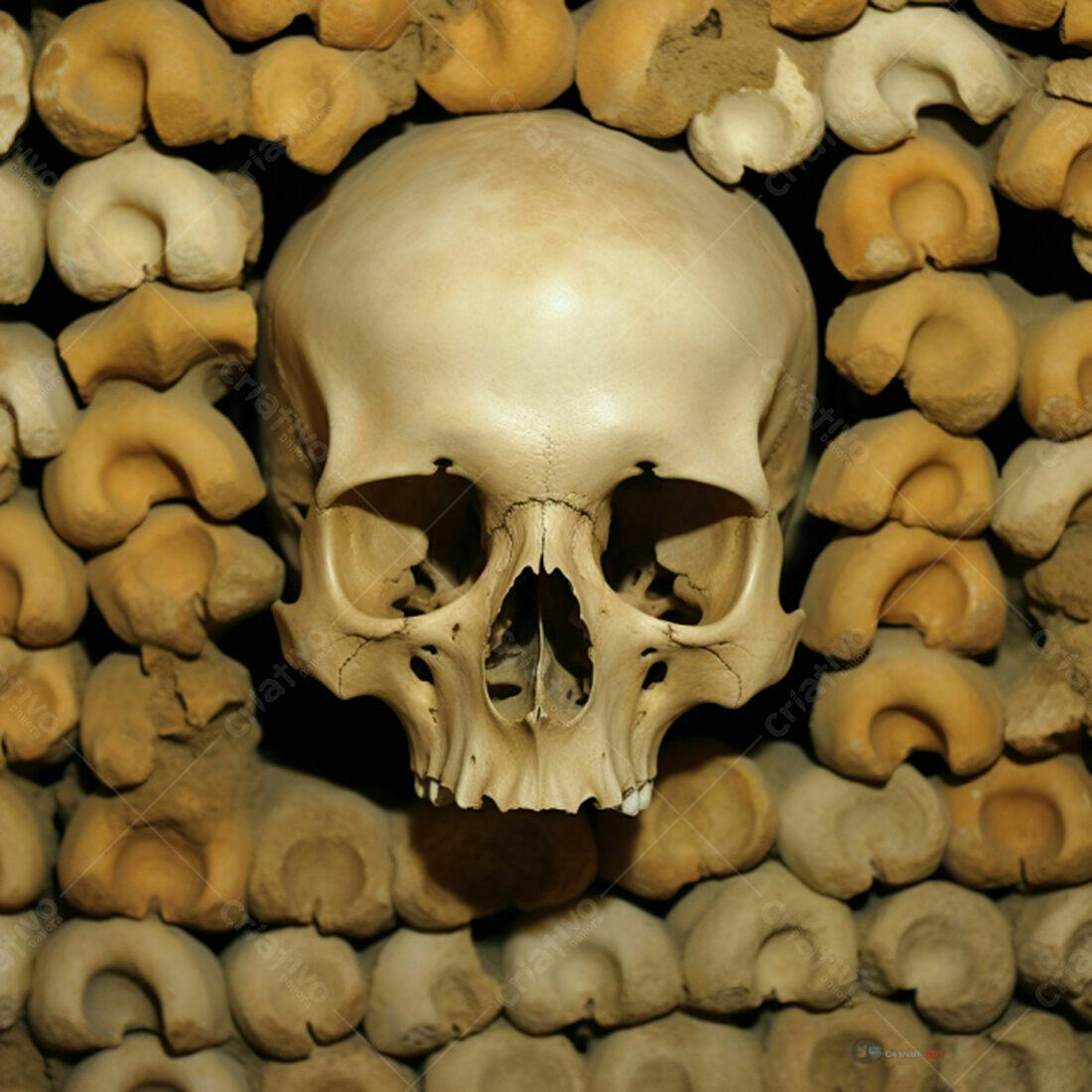 Crânio humano em ossário tons terra
