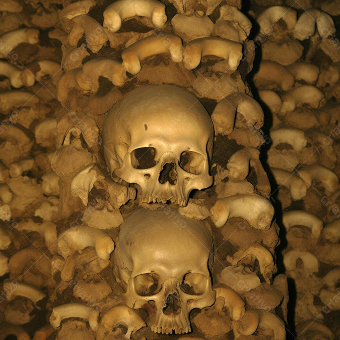 Crânios e Ossos em Parede de Ossuário