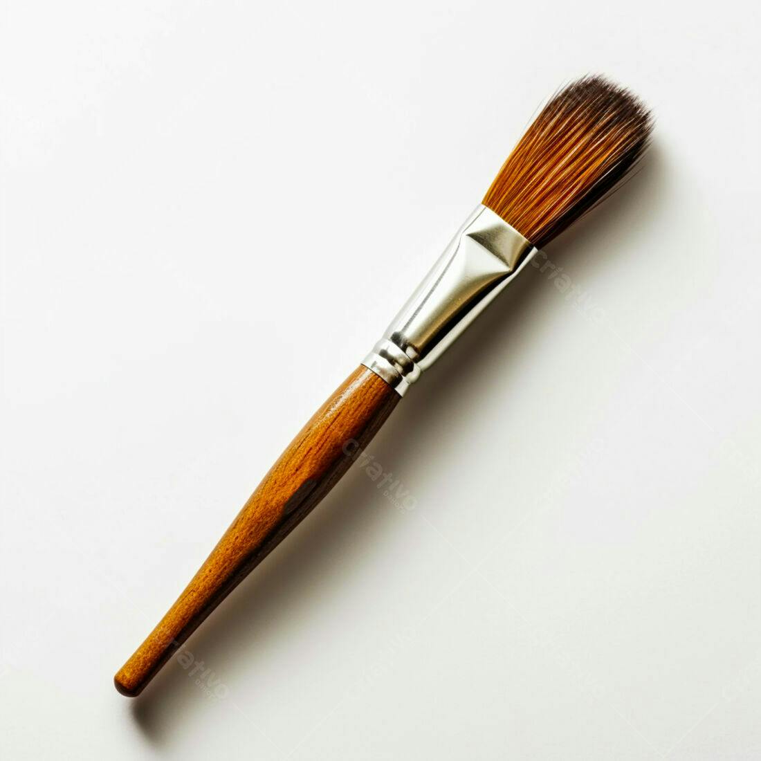 Pincel de pintura marrom e metálico sobre fundo branco