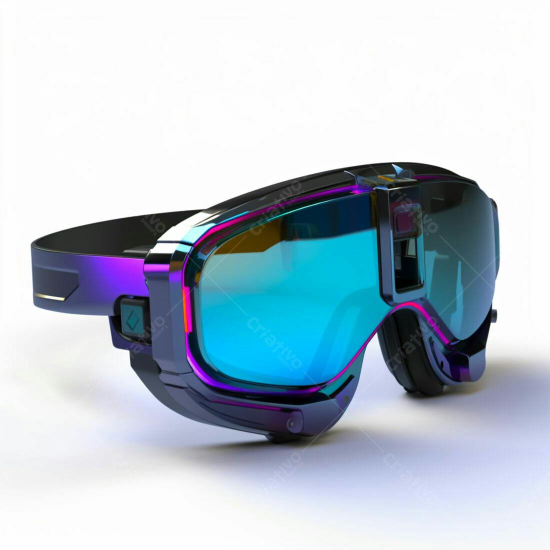 Óculos futuristas com lentes azuis e detalhes roxos