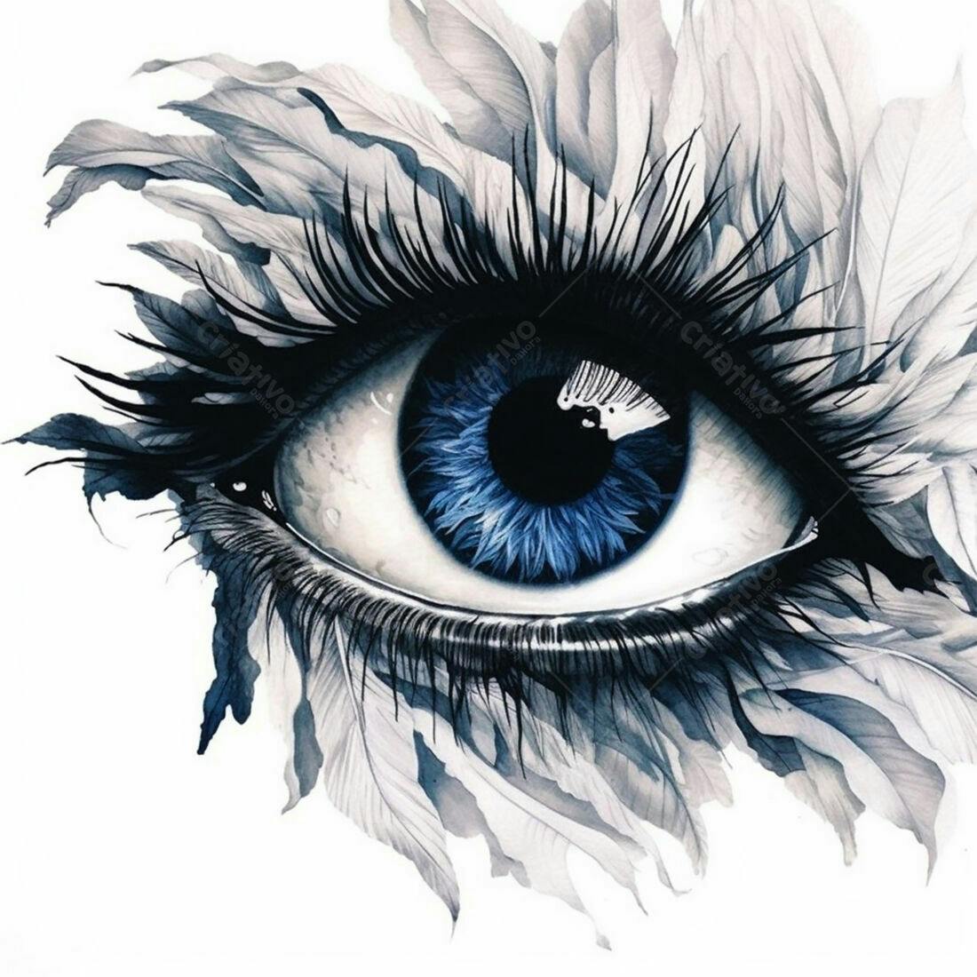 Olho azul com penas aquarela