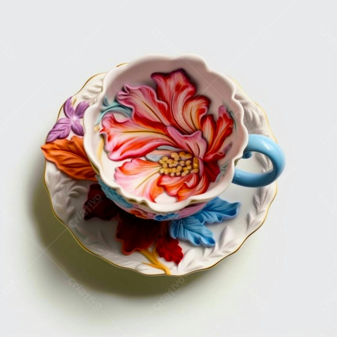 Xícara de chá com pintura floral vibrante