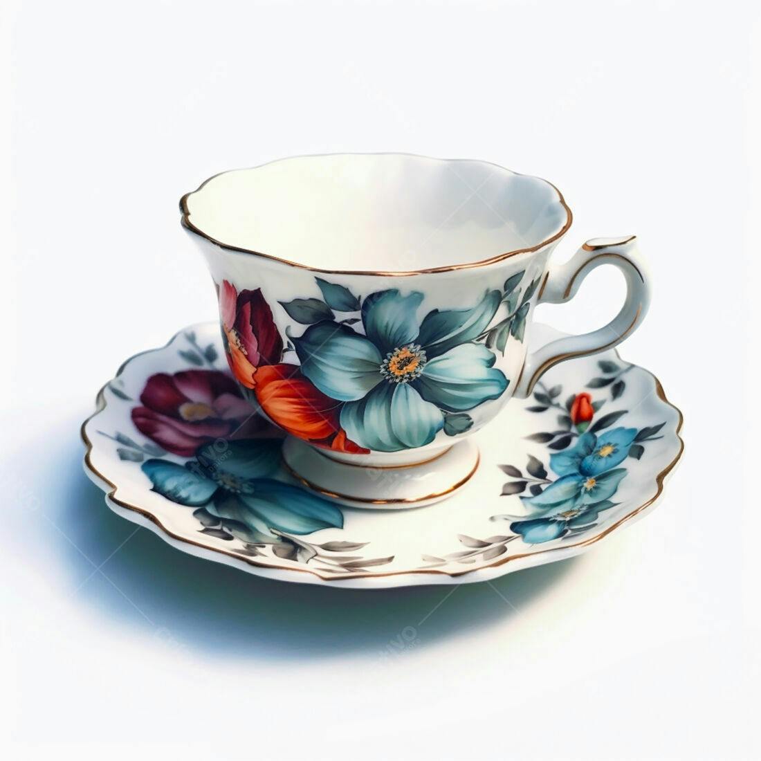 Xícara de chá com flores azul e laranja