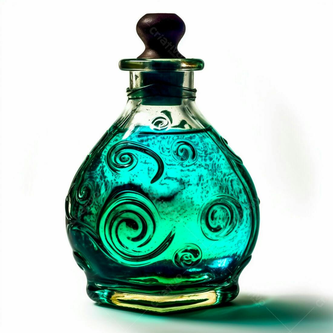 Frasco de vidro verde-azulado com detalhes em espiral
