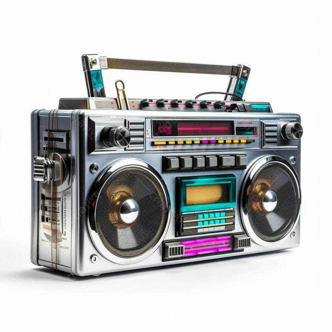 Boombox retrô prateado com detalhes coloridos