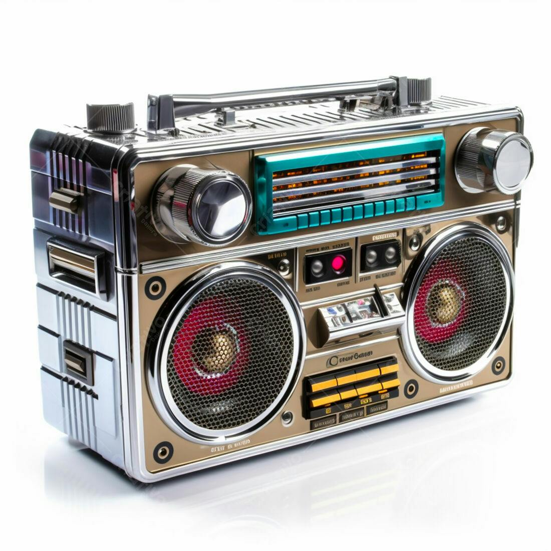 Rádio Boombox retrô dourado e cromado
