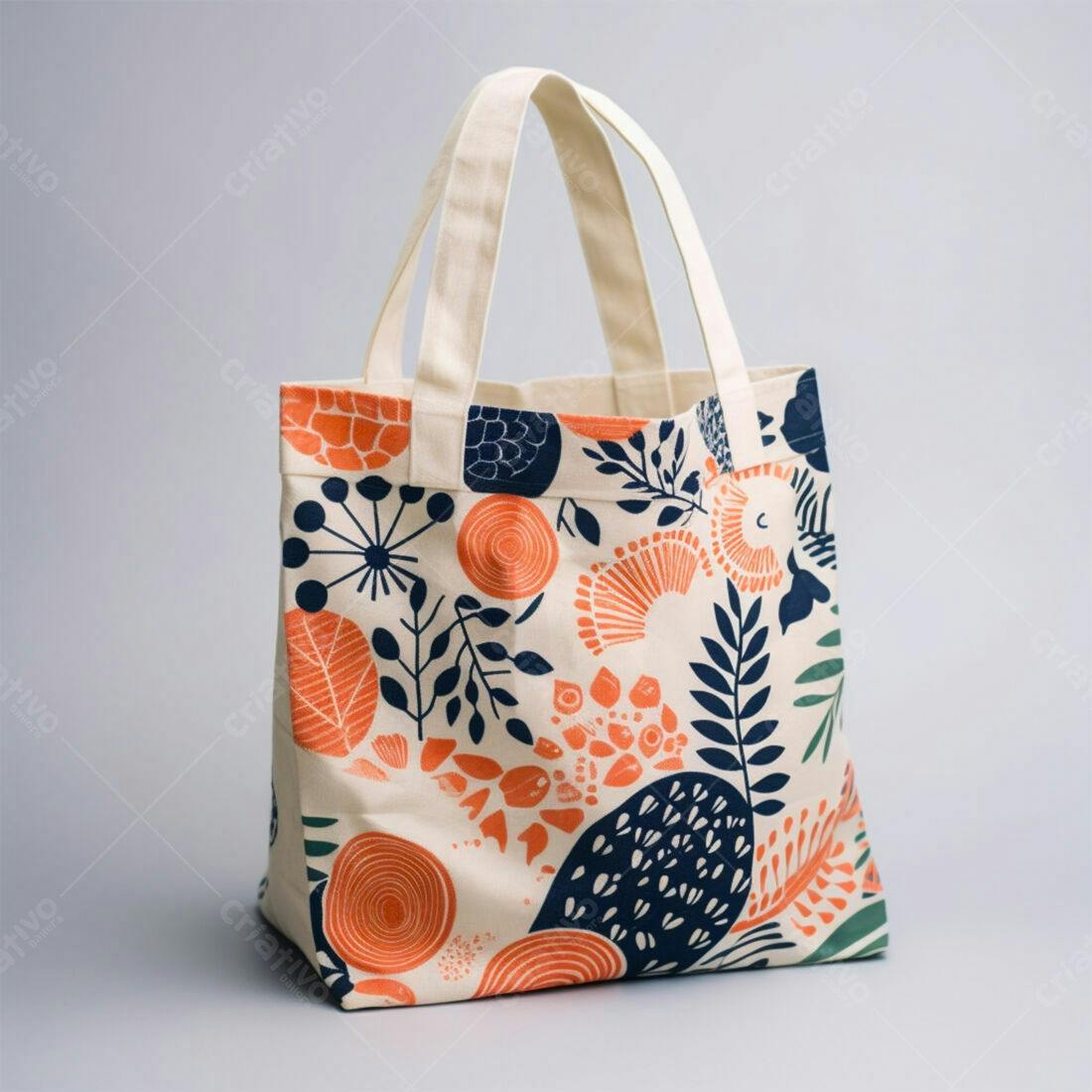 Sacola ecológica estampa floral laranja e azul