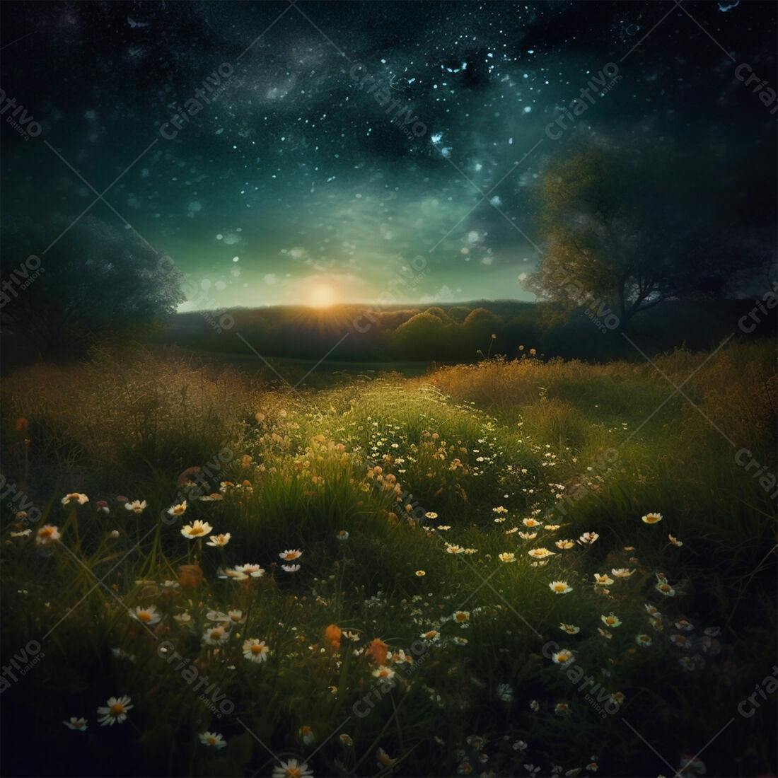 Campo de margaridas ao pôr do sol estrelado