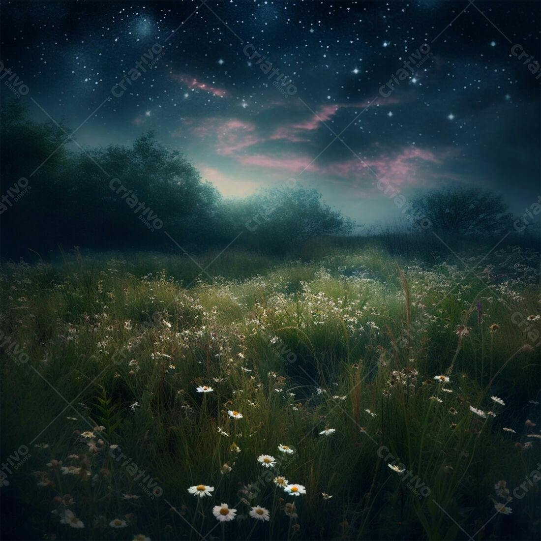 Campo de margaridas sob céu noturno estrelado