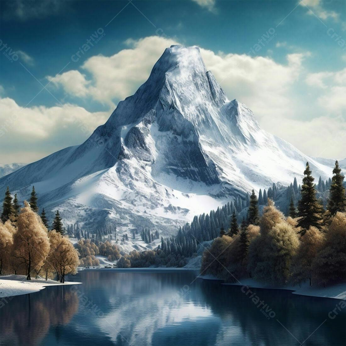 Montanha nevada com lago e floresta no inverno