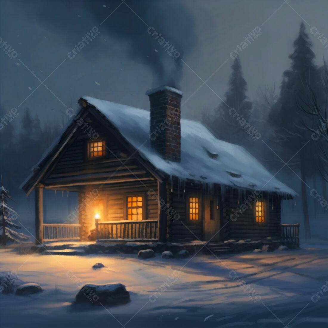 Cabana aconchegante na neve à noite
