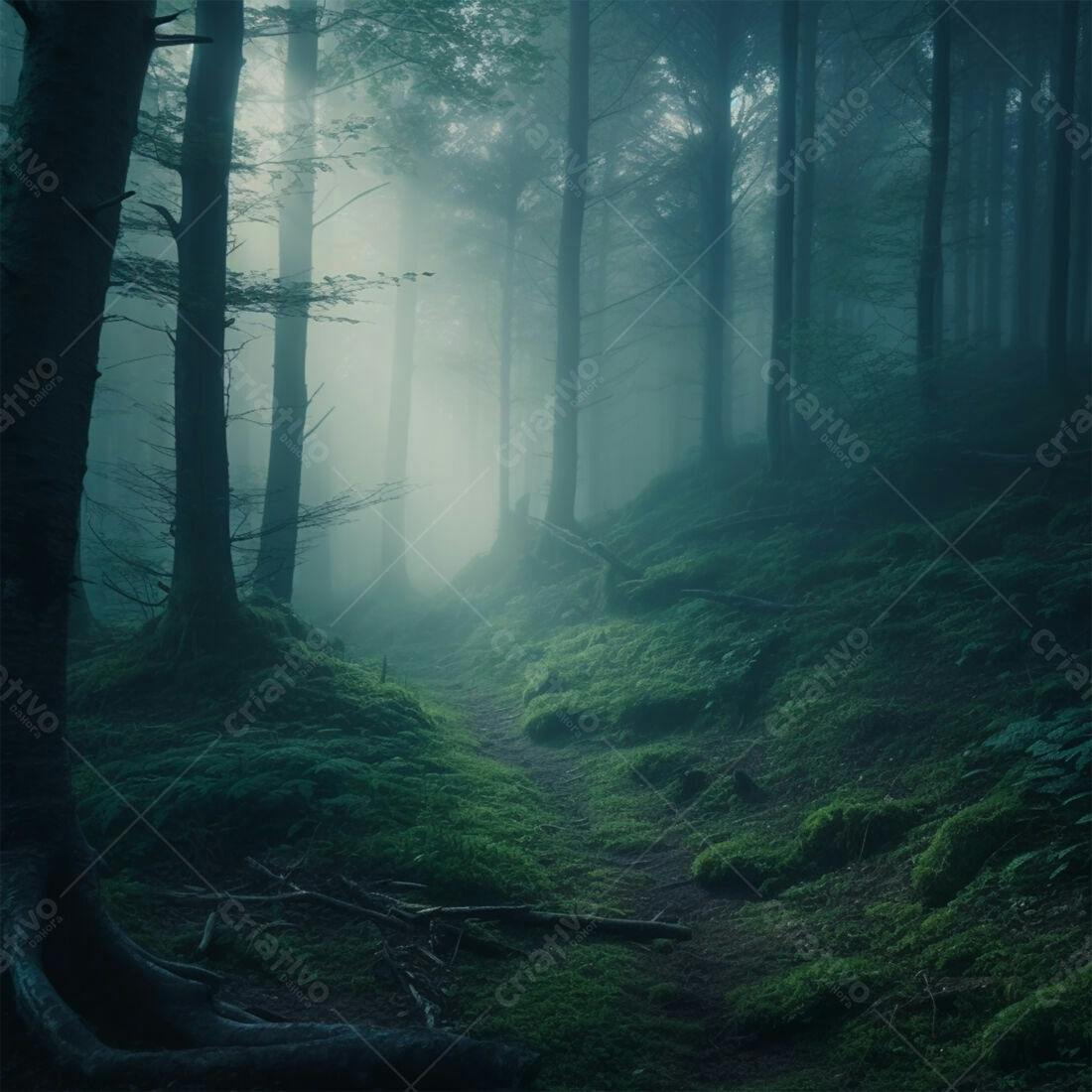 Trilha misteriosa em floresta nebulosa