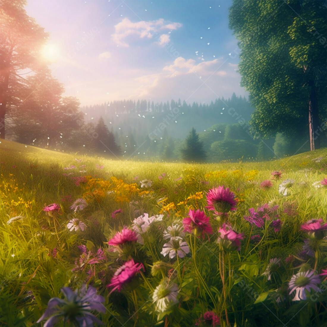 Campo de flores coloridas ao amanhecer