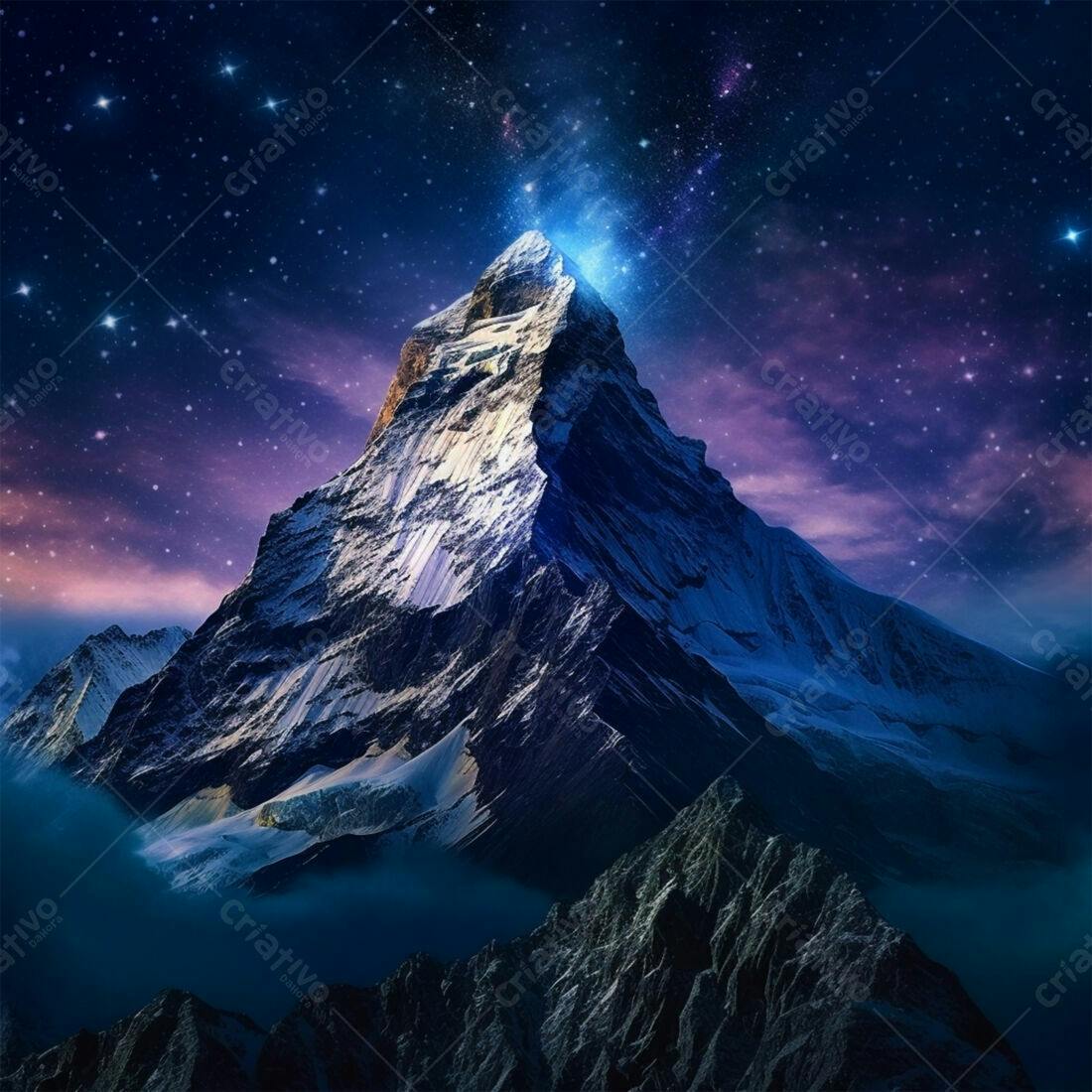Monte nevado sob céu estrelado noturno