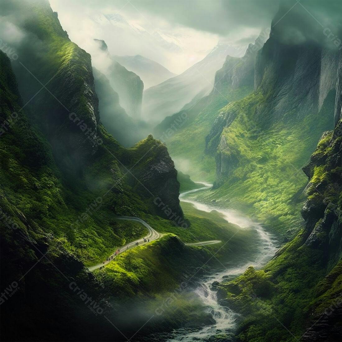Paisagem verdejante com rio e estrada montanhosa