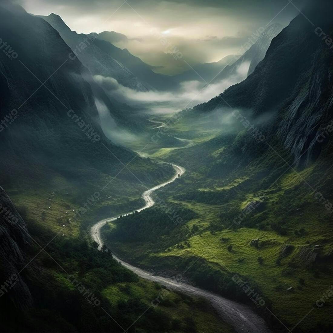 Paisagem montanhosa com estrada sinuosa