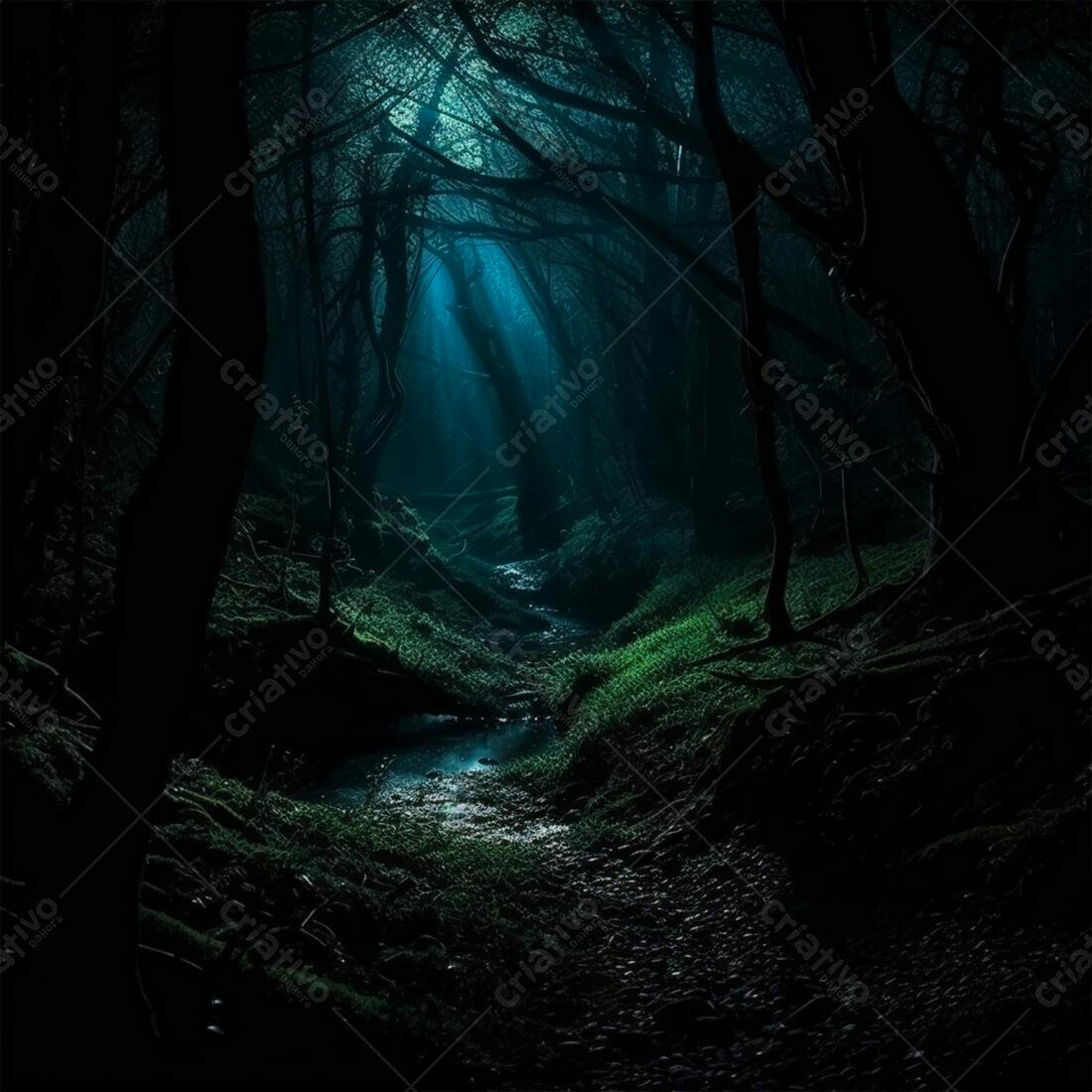 Trilha escura em floresta noturna