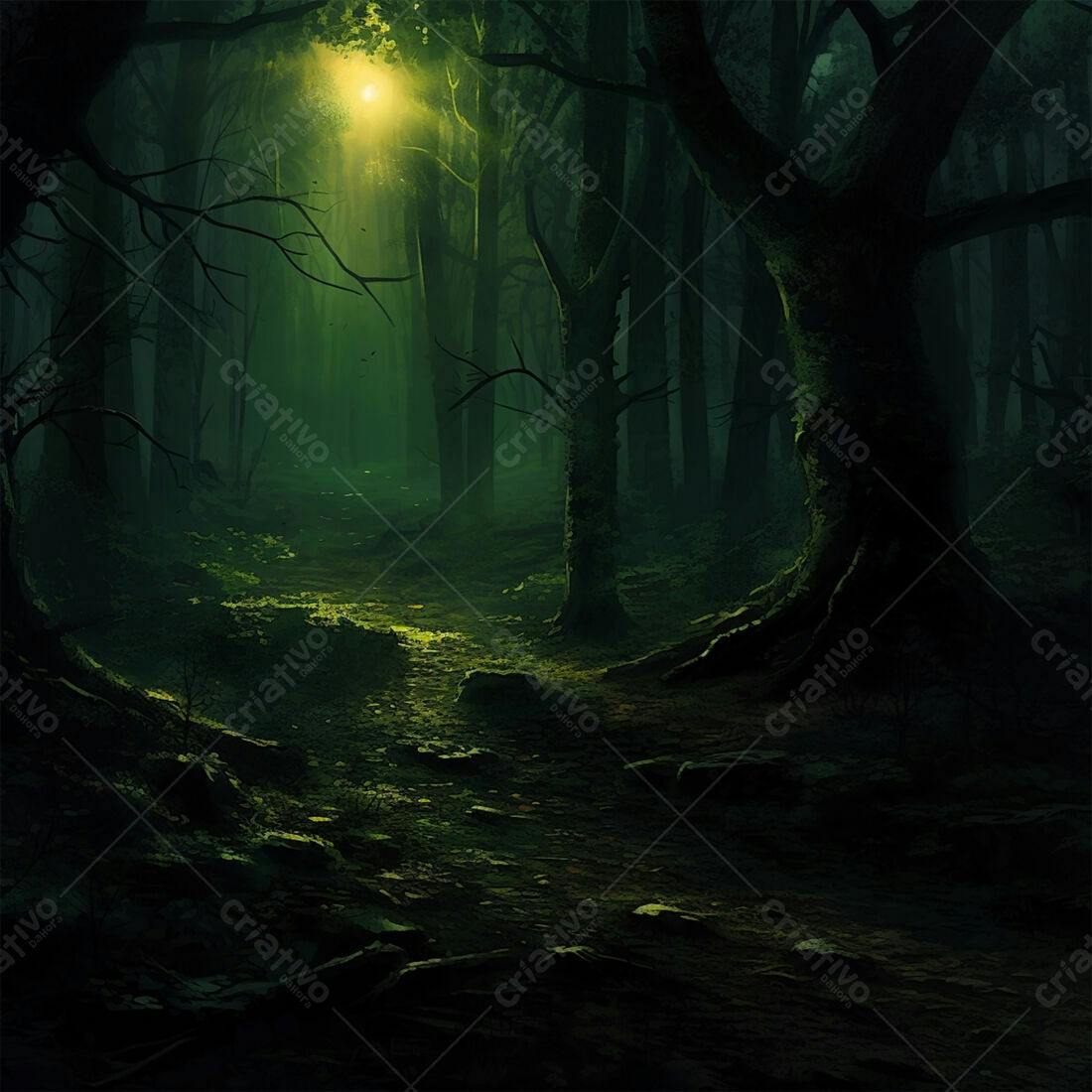 Trilha escura em floresta verde