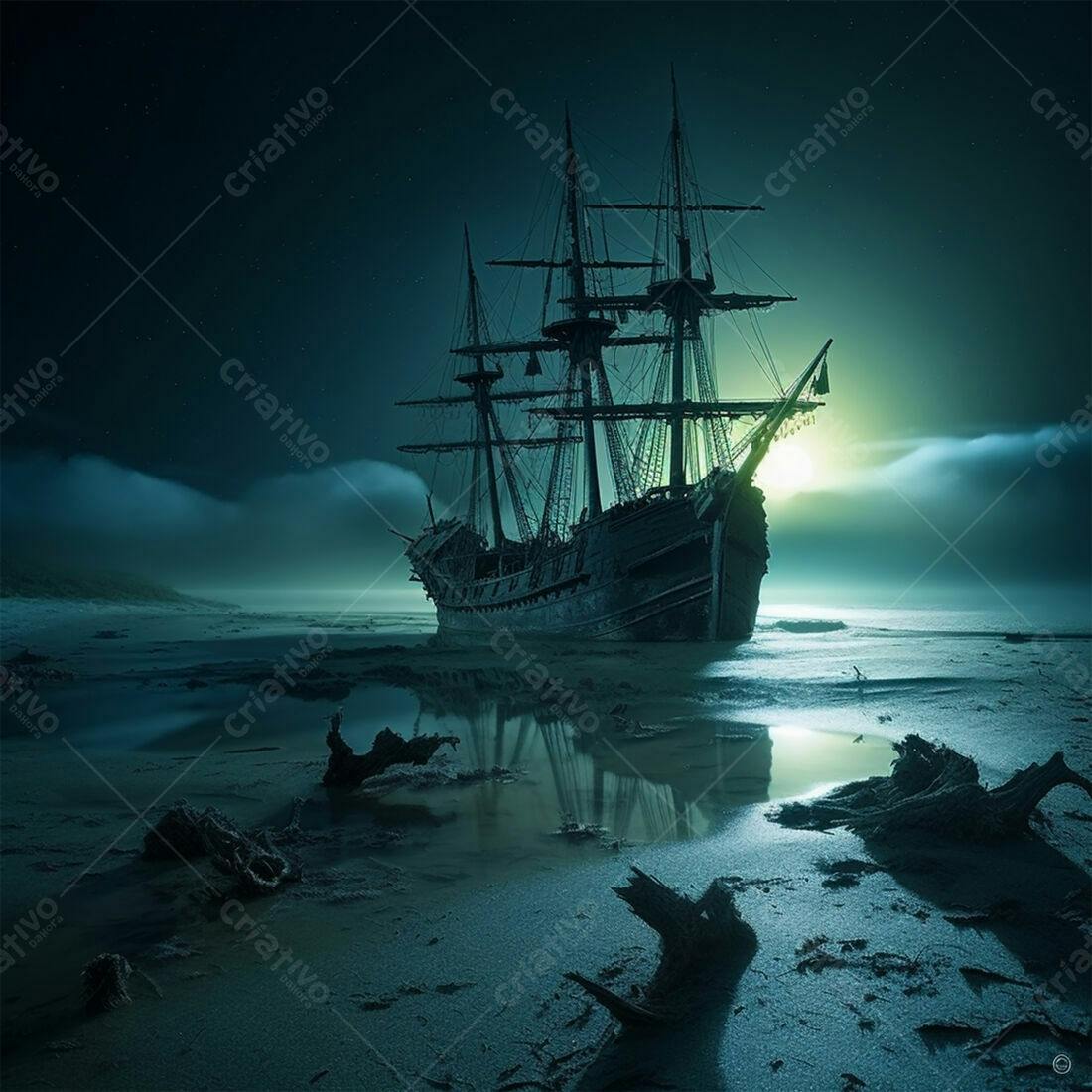 Navio Encalhado em Praia Noturna