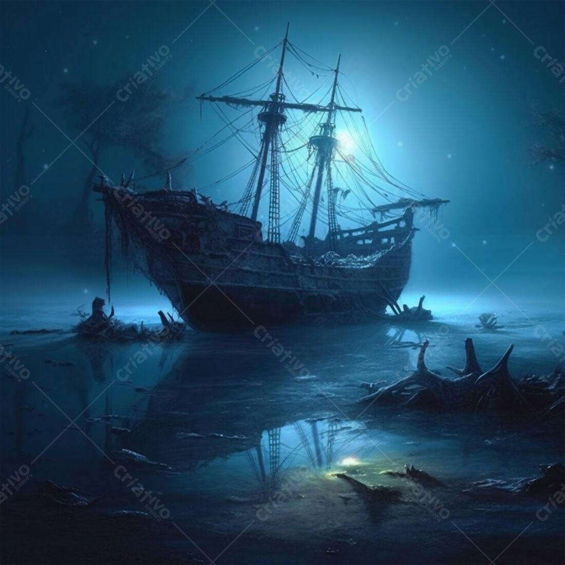 Navio naufragado em águas escuras