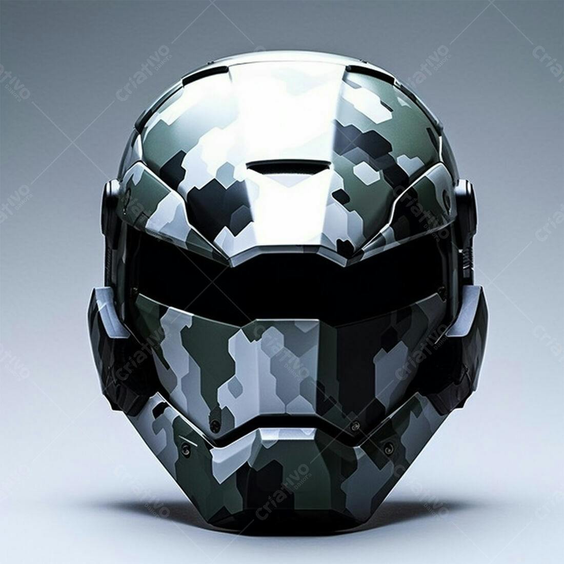 Capacete futurista camuflado cinza e verde