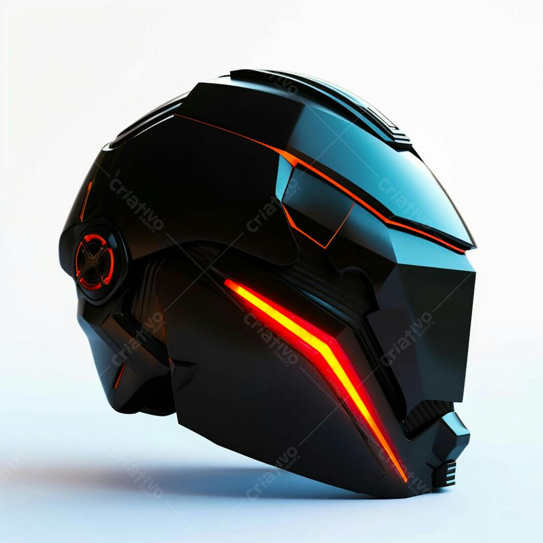 Capacete futurista preto com luzes laranja