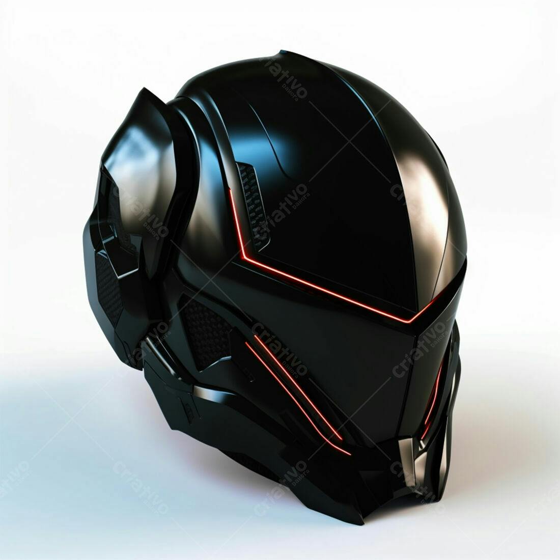 Capacete futurista preto com detalhes vermelhos