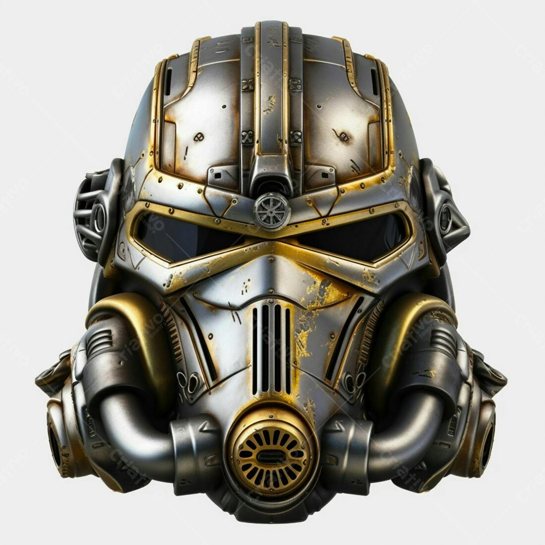 Capacete futurista estilo steampunk prata e dourado