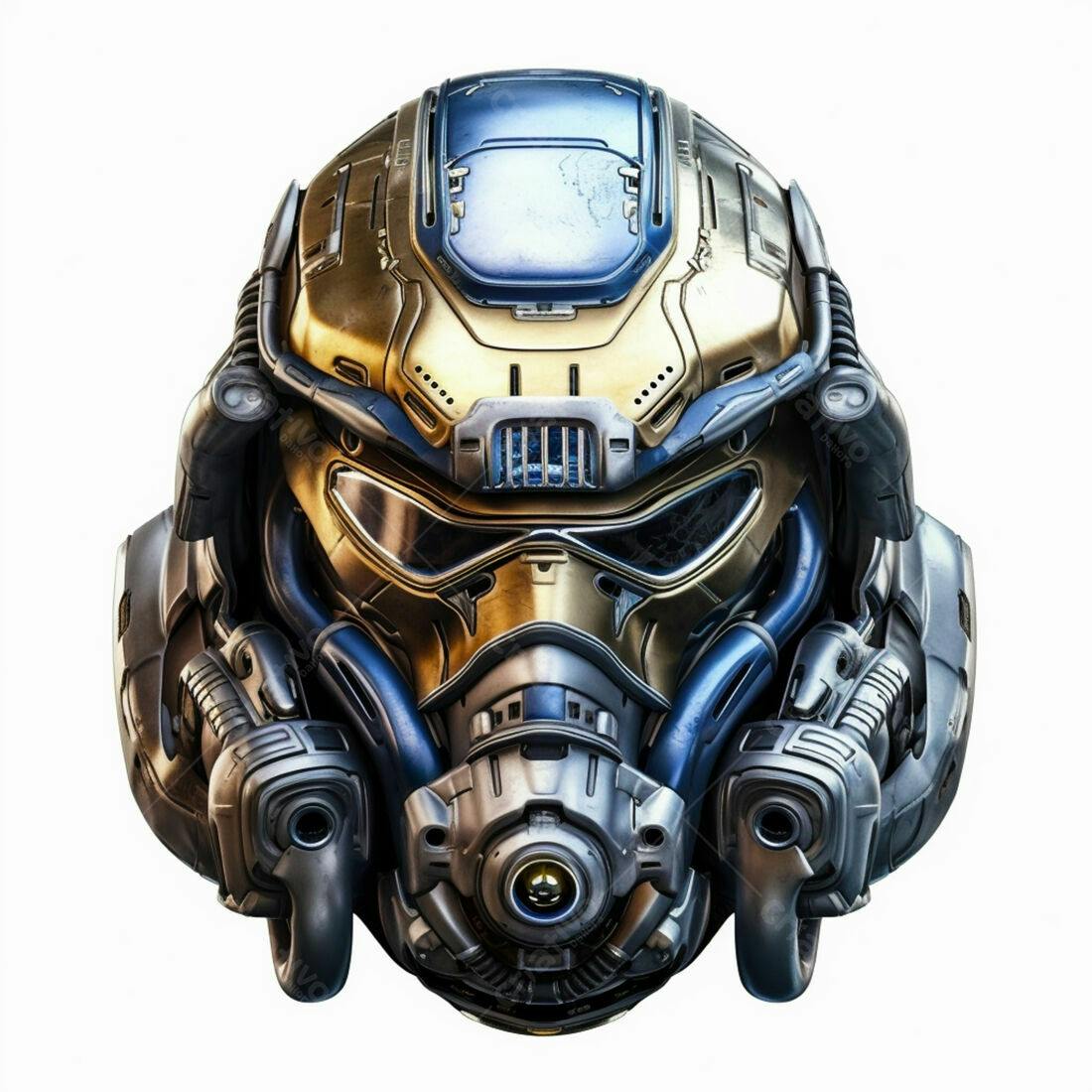 Capacete futurista dourado e azul