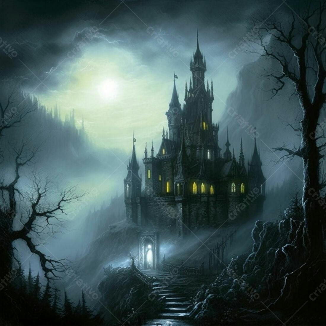 Castelo Gótico em Paisagem Noturna Sombria