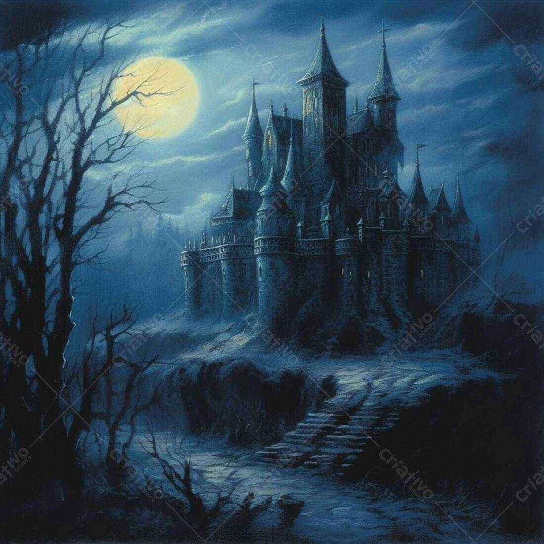 Castelo medieval sob a lua cheia noturna