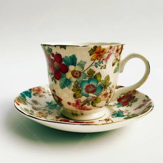 Xícara de chá decorada sobre fundo branco