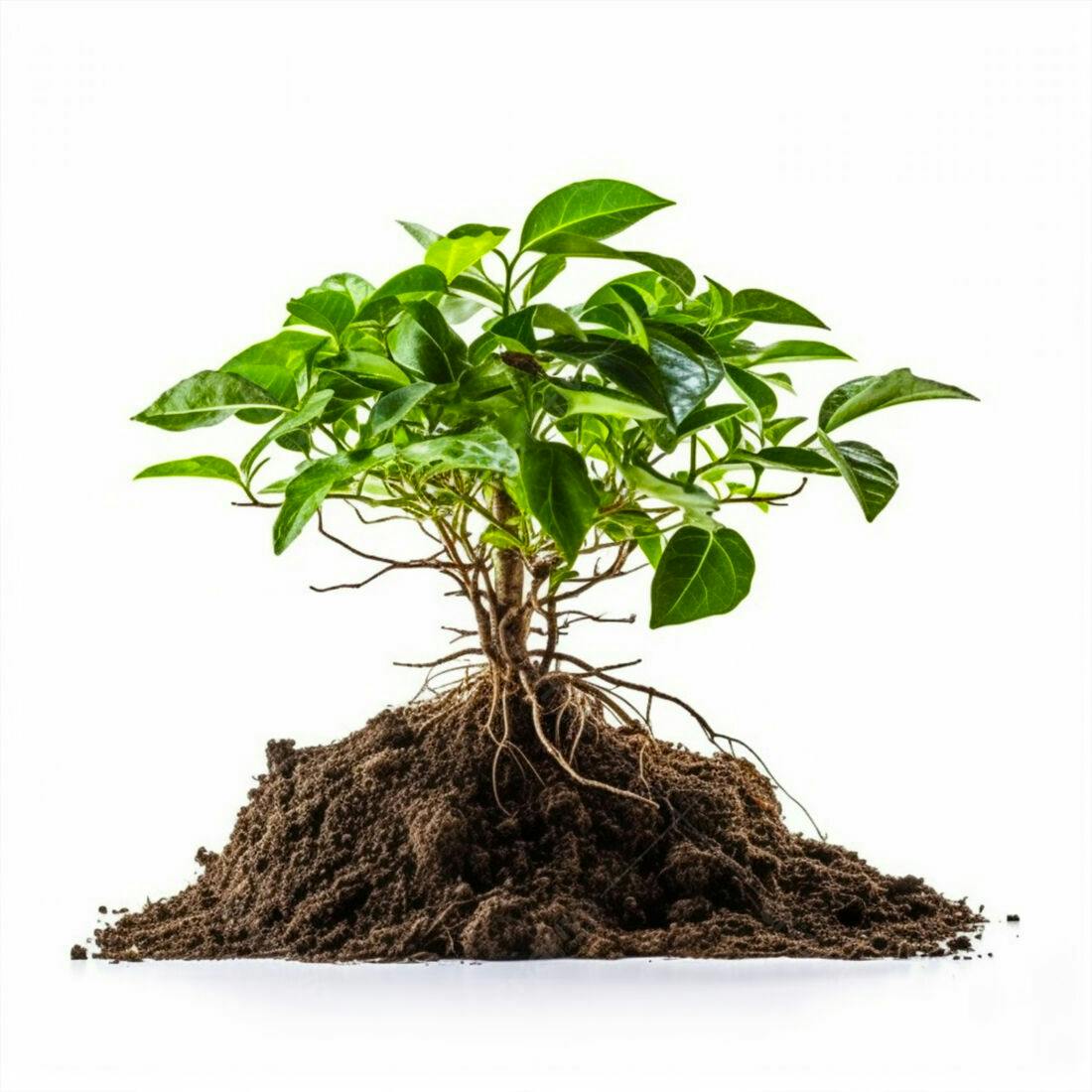 Planta jovem com raízes em solo marrom