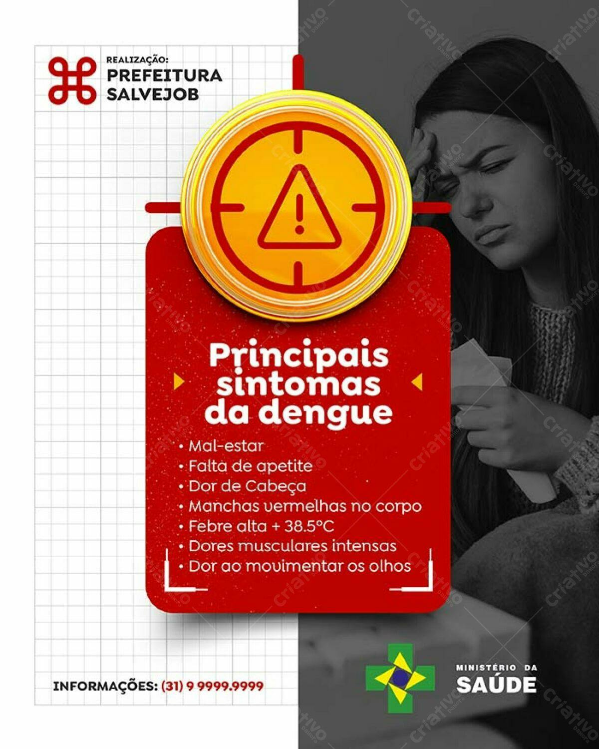 Flyer informativo sobre os sintomas da dengue PSD Editável