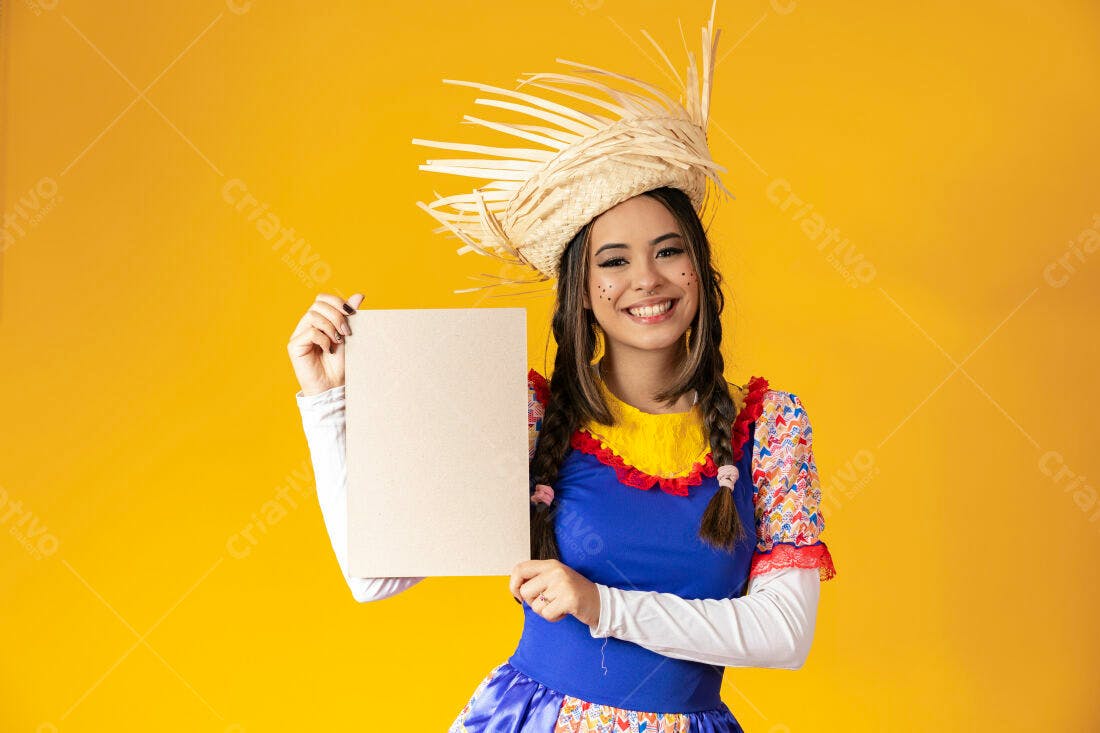 Mulher sorridente em festa junina segurando cartaz