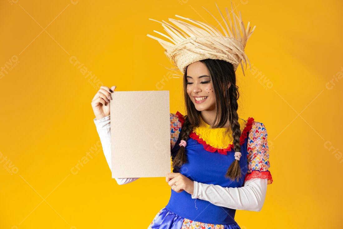 Mulher segurando cartaz Festa Junina