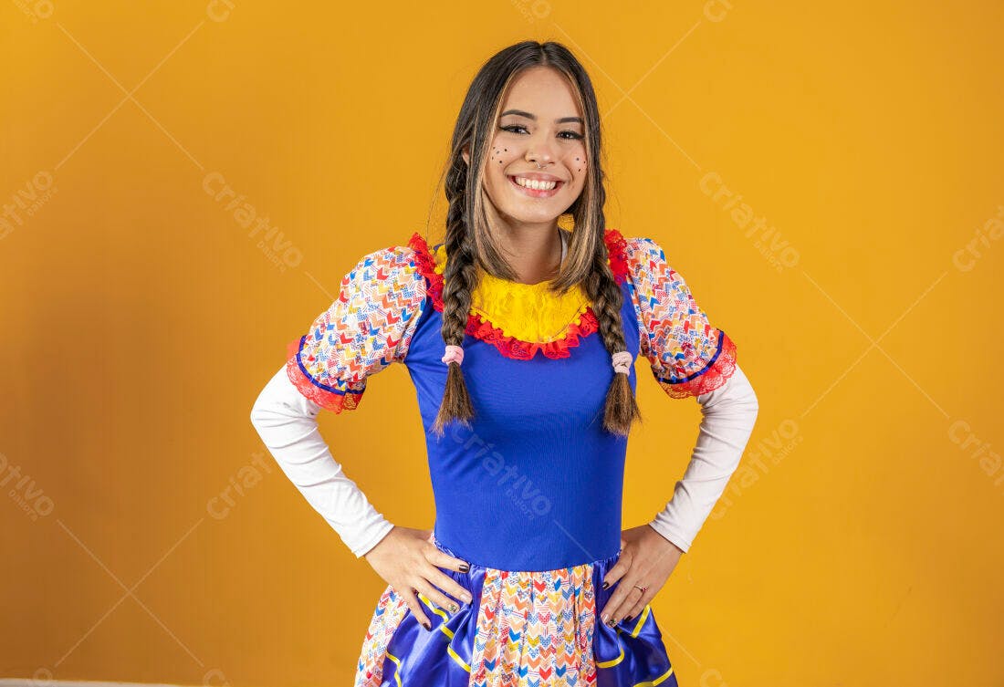 Mulher sorridente em traje de festa junina