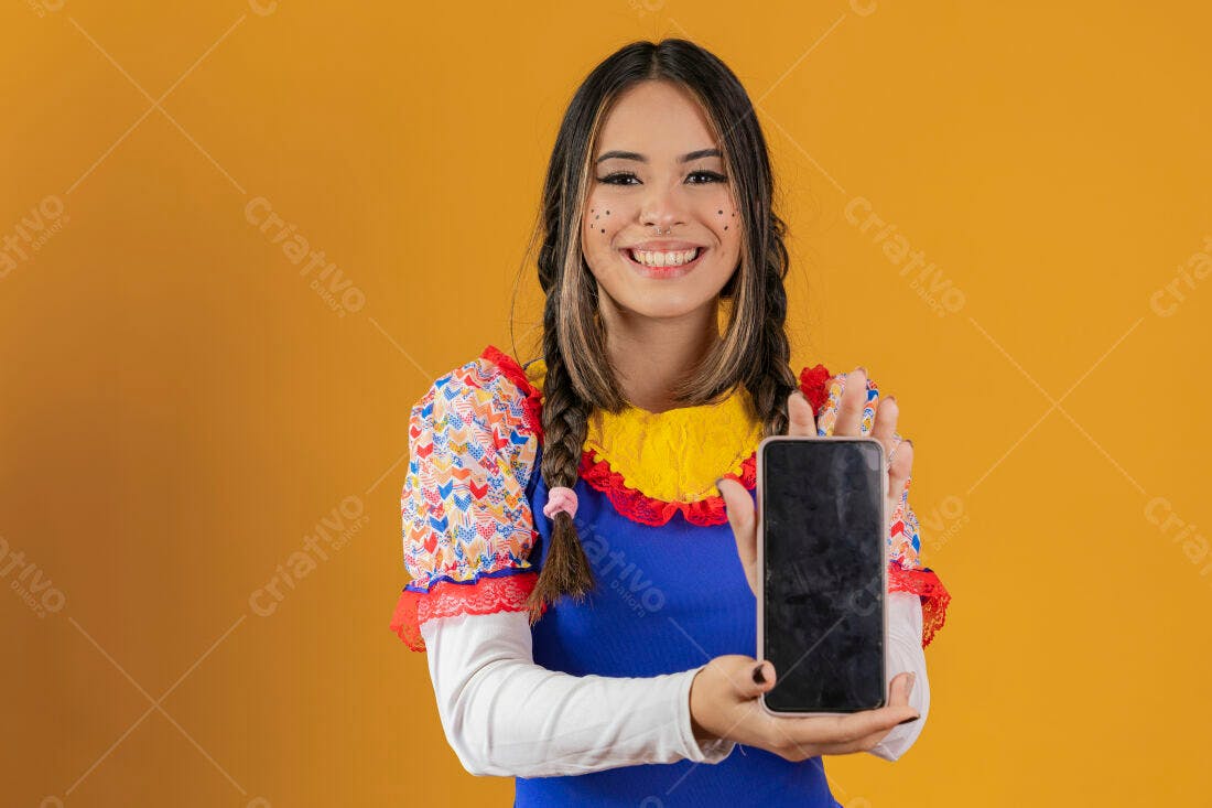 Mulher sorridente com celular Festa Junina
