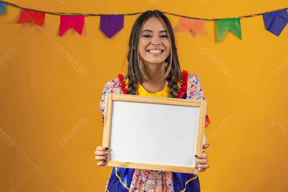 Mulher sorridente em festa junina segurando quadro branco