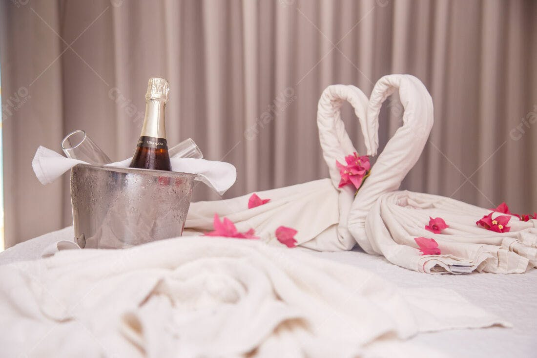 Champagne e Cisnes de Toalha em Quarto de Hotel