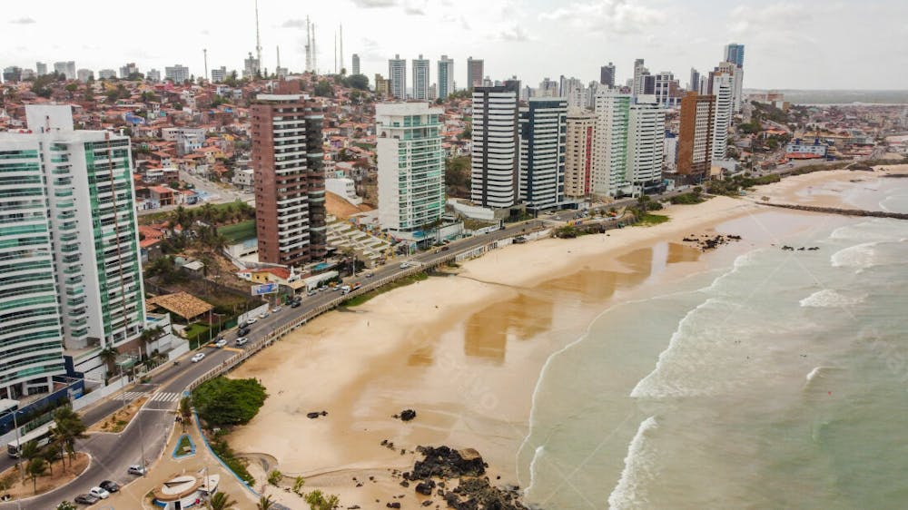 Vista Áerea Drone Da Praia Turistas Areia Cidade 1